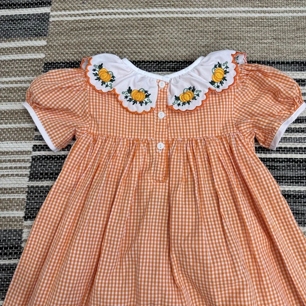 Addie &‎ Hadlie Dress Girls 4T Orange Gingham Pumpkin Embroidered Fall Holiday